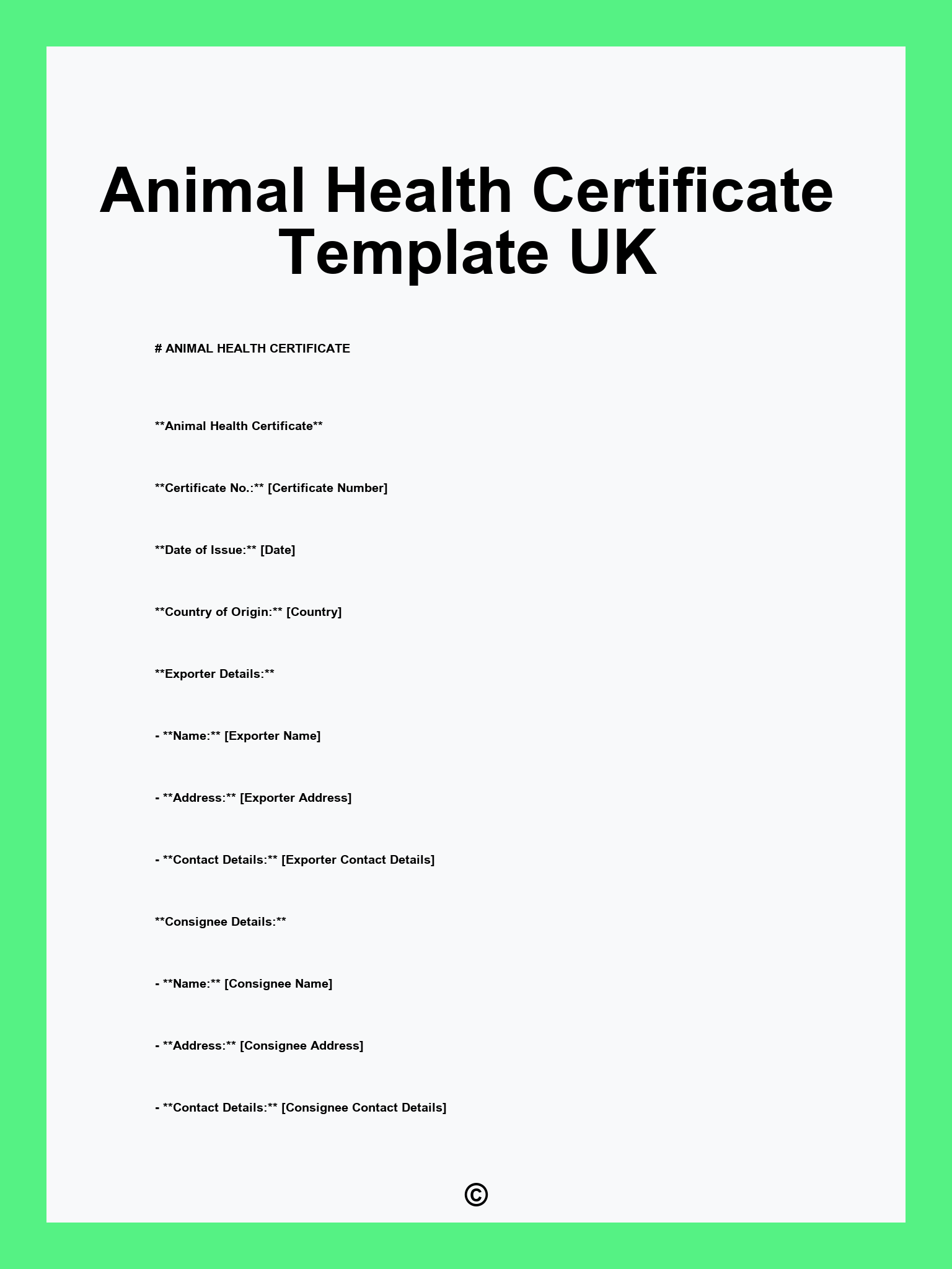 Animal Health Certificate Template UK
