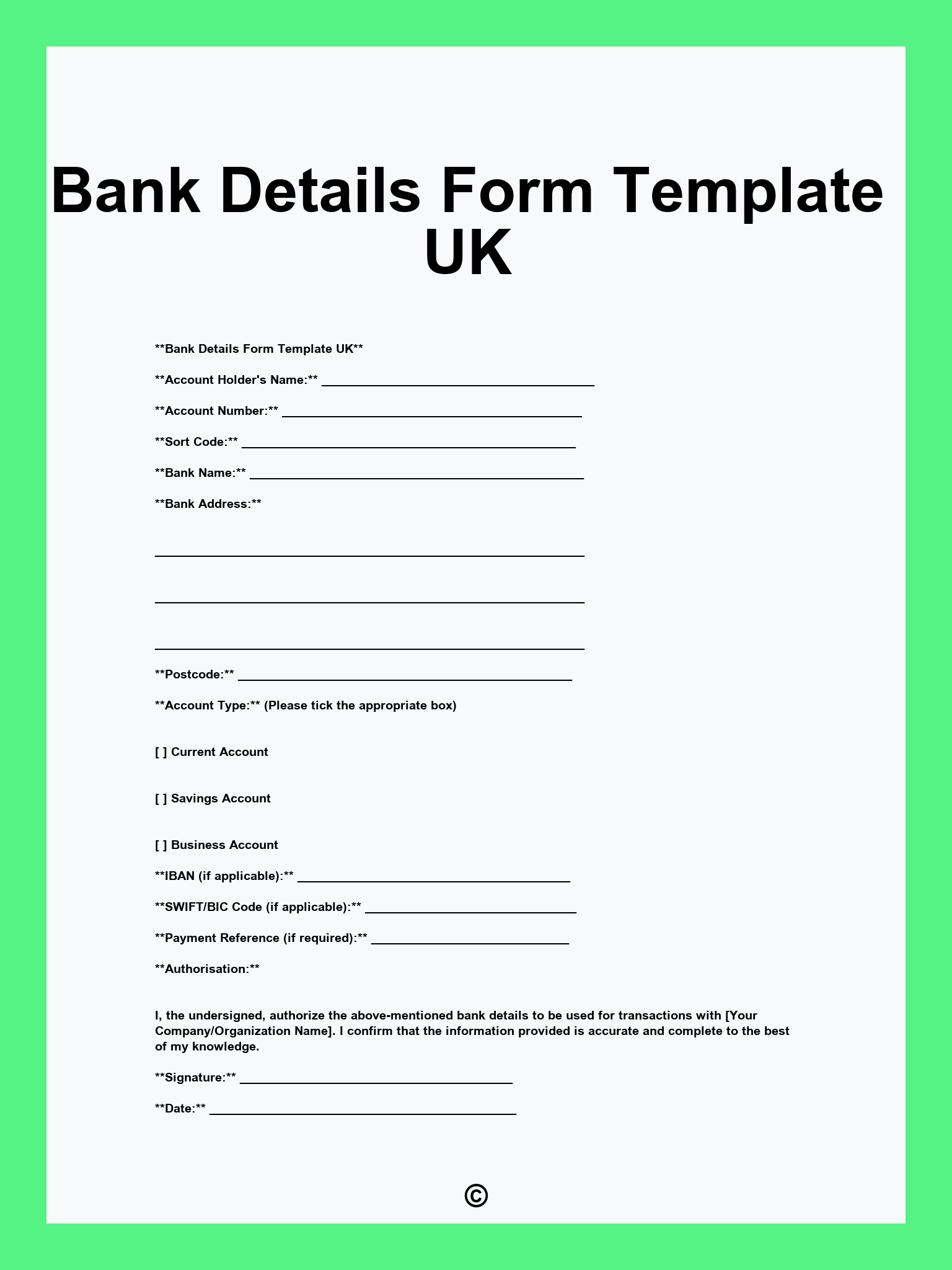 Bank Details Form Template UK