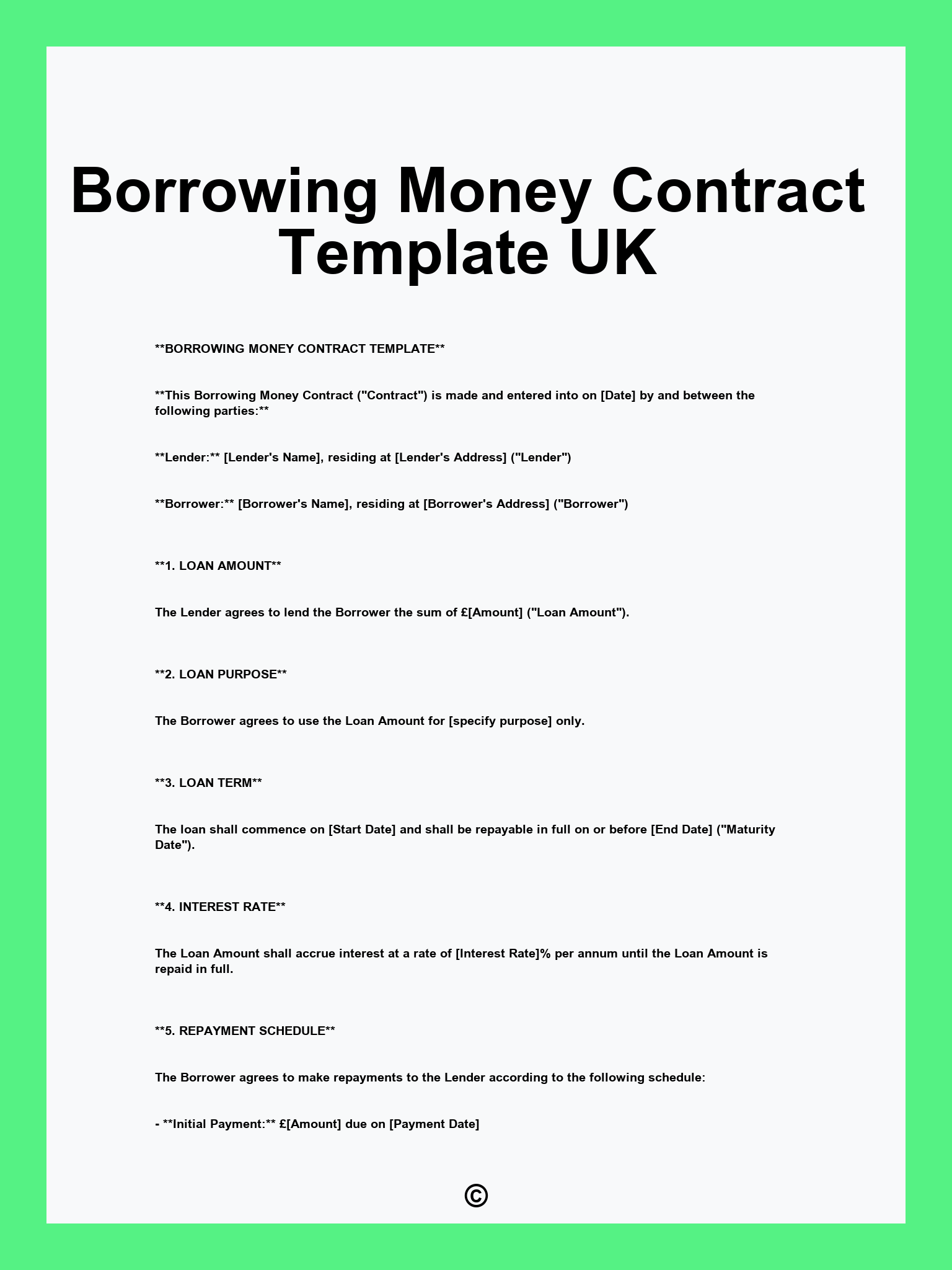 Borrowing Money Contract Template UK