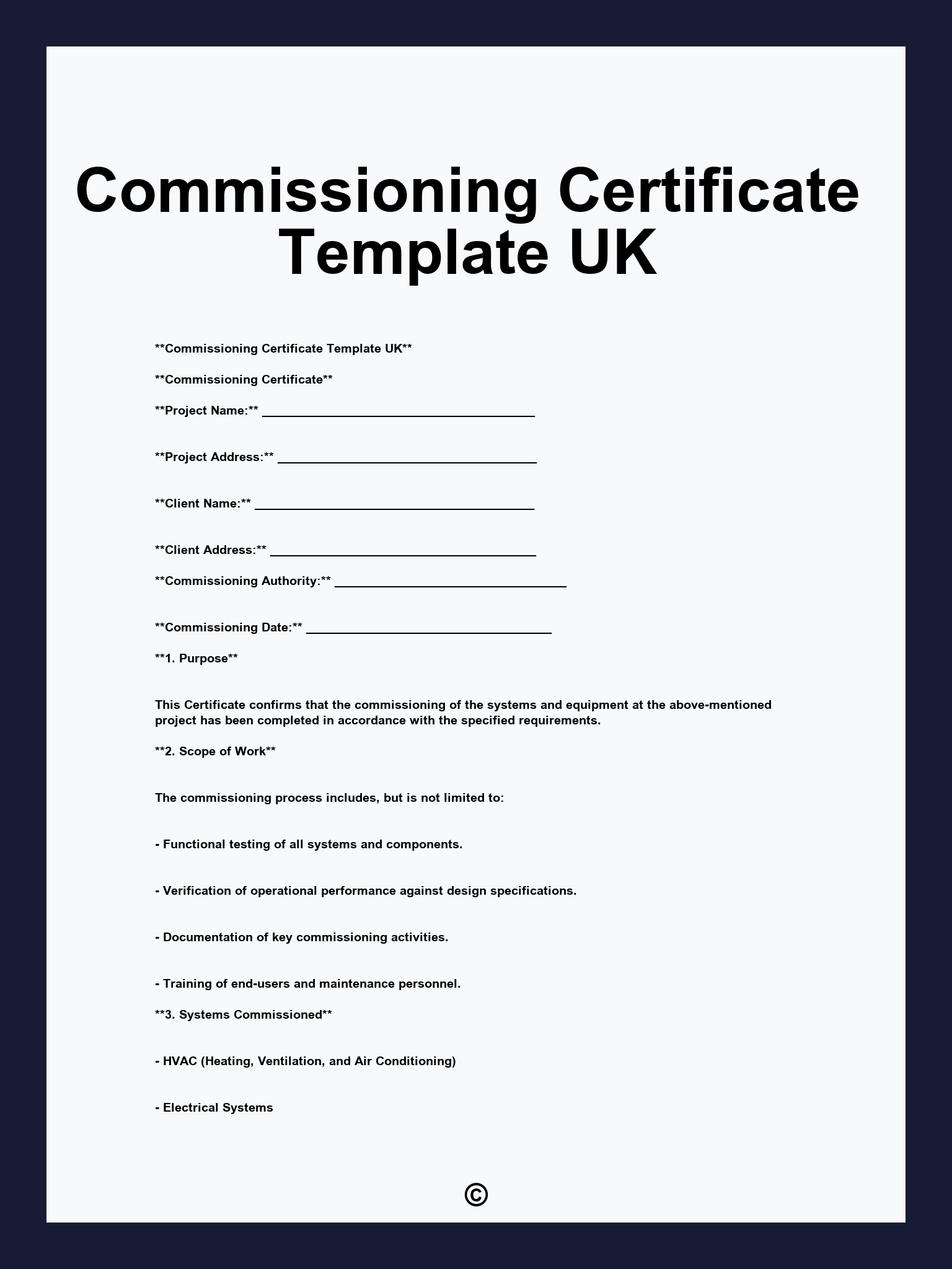 Commissioning Certificate Template UK