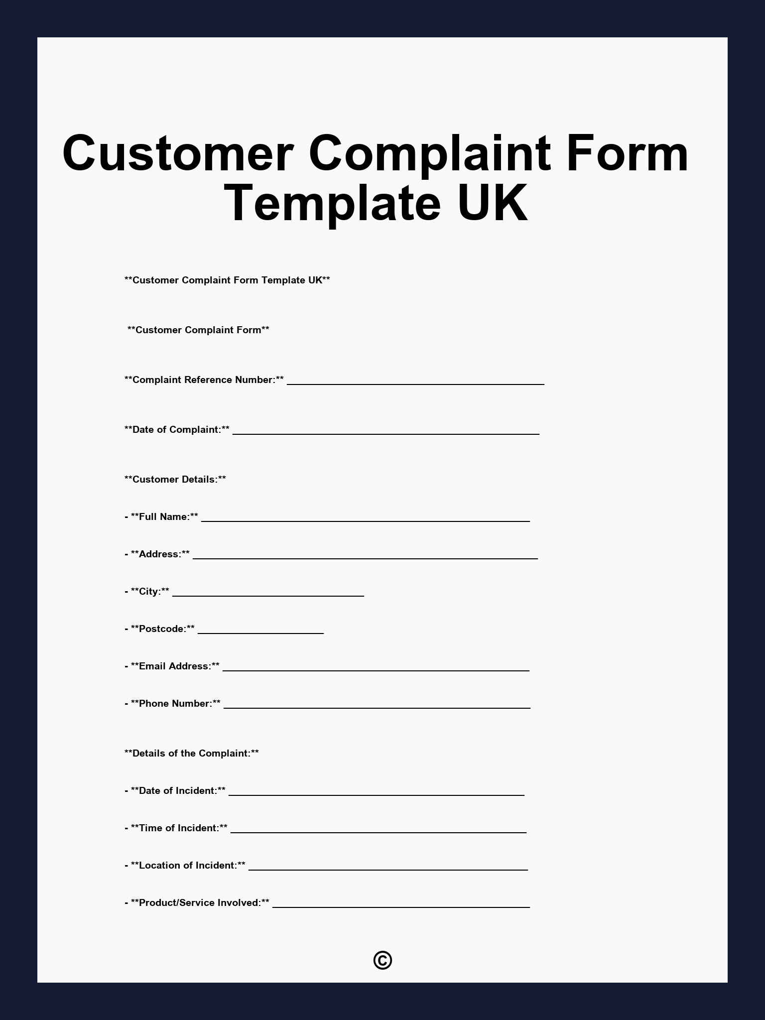 Customer Complaint Form Template UK