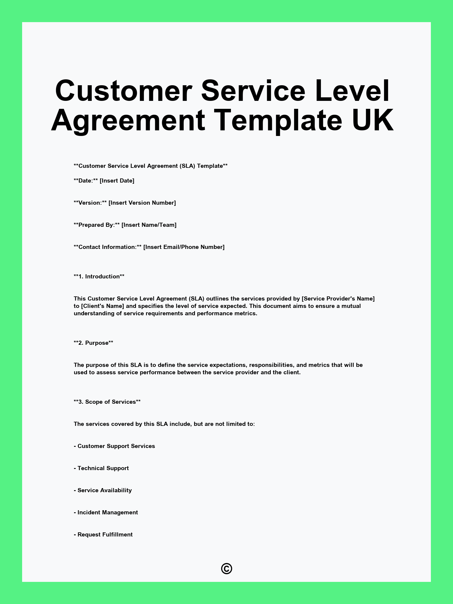 Customer Service Level Agreement Template UK