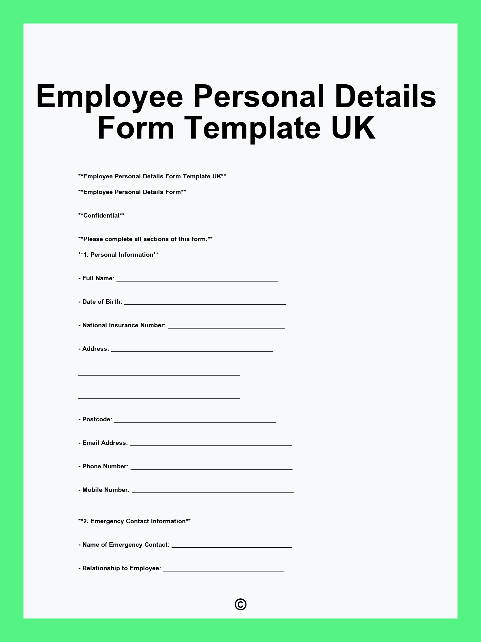 Employee Personal Details Form Template UK