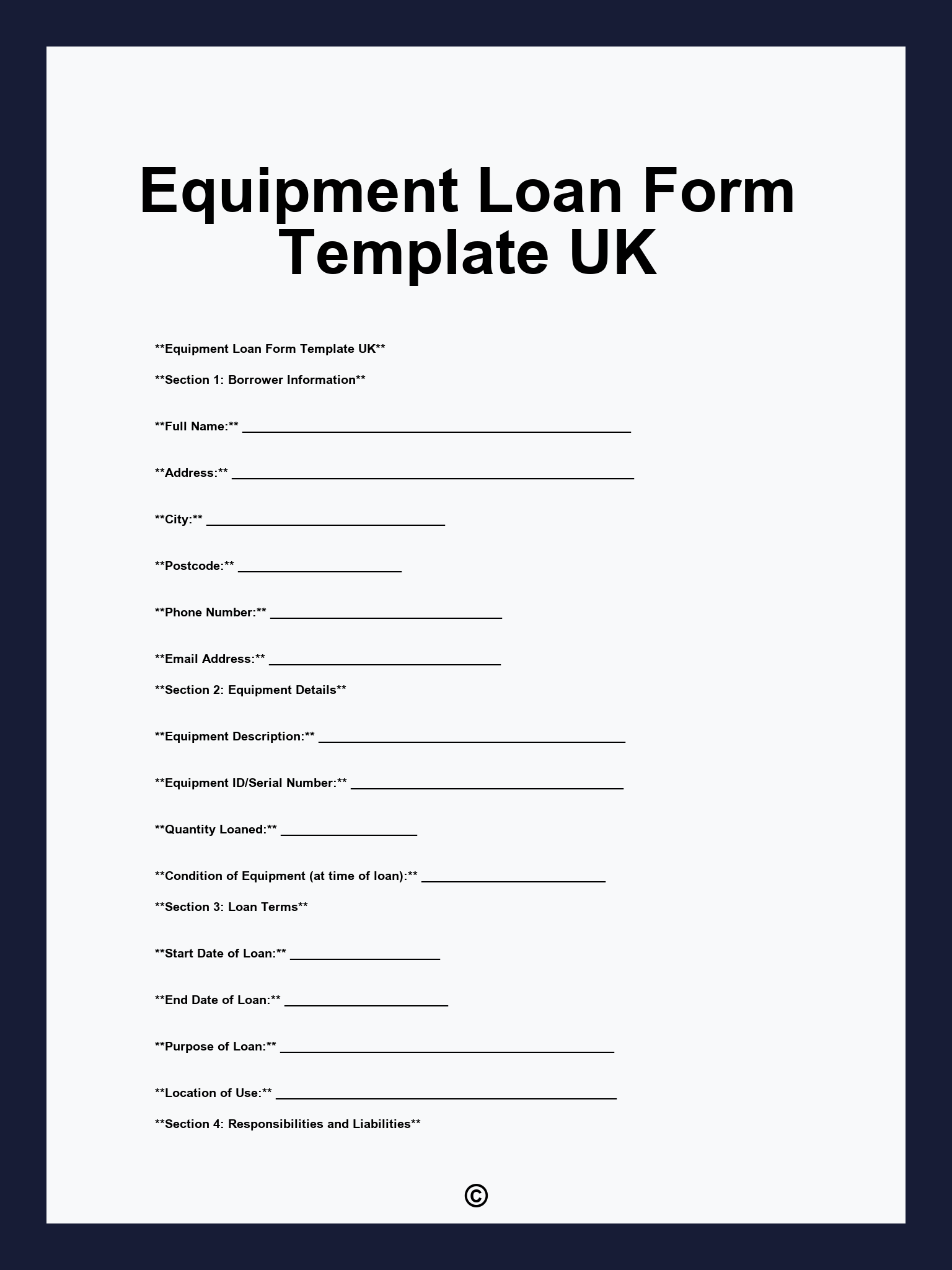 Equipment Loan Form Template UK