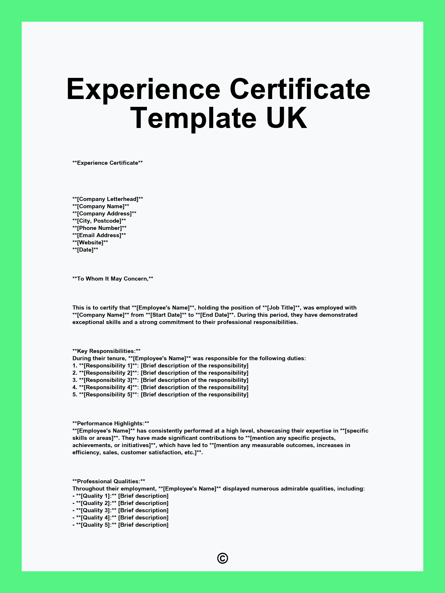 Experience Certificate Template UK