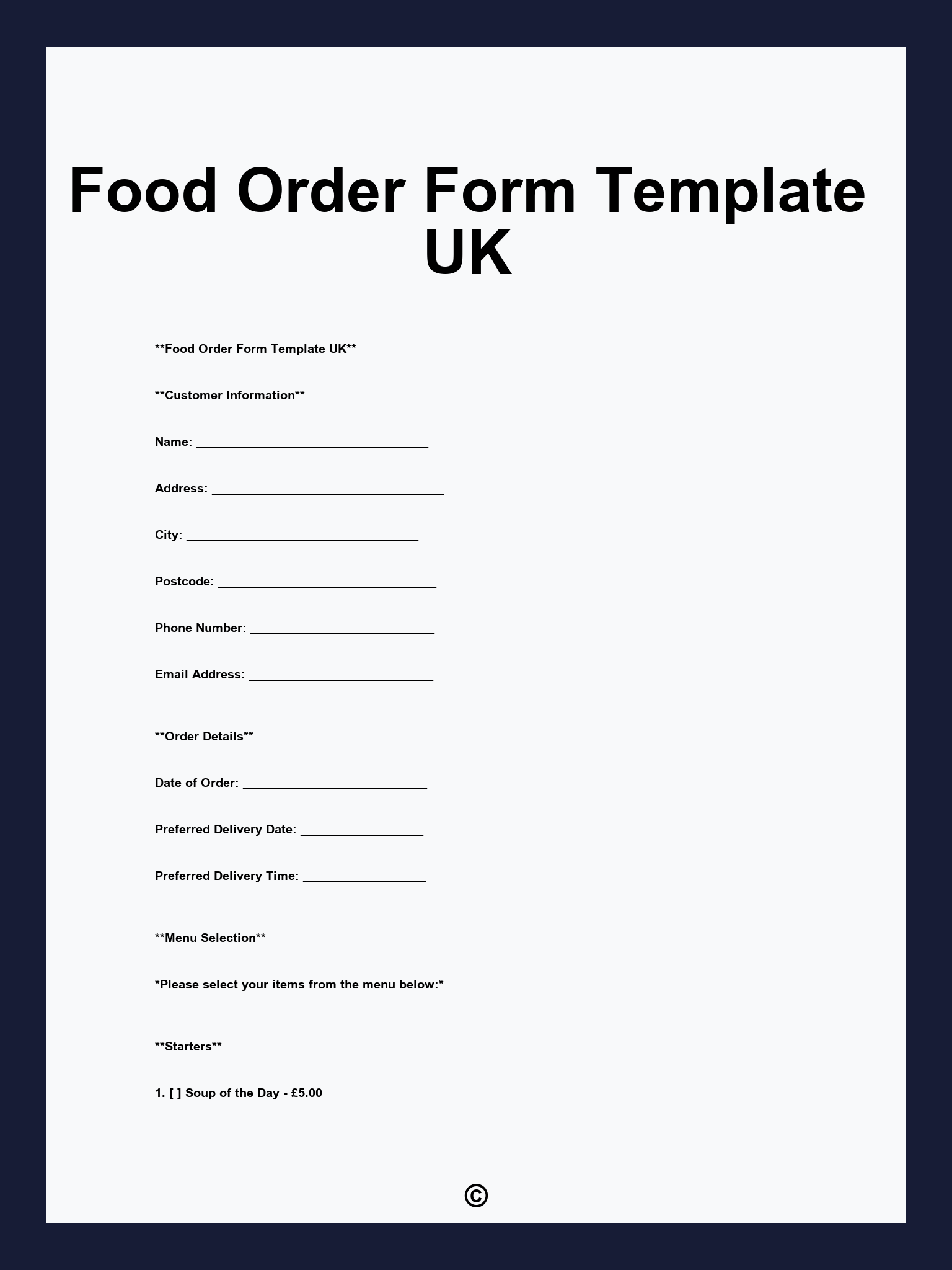 Food Order Form Template UK