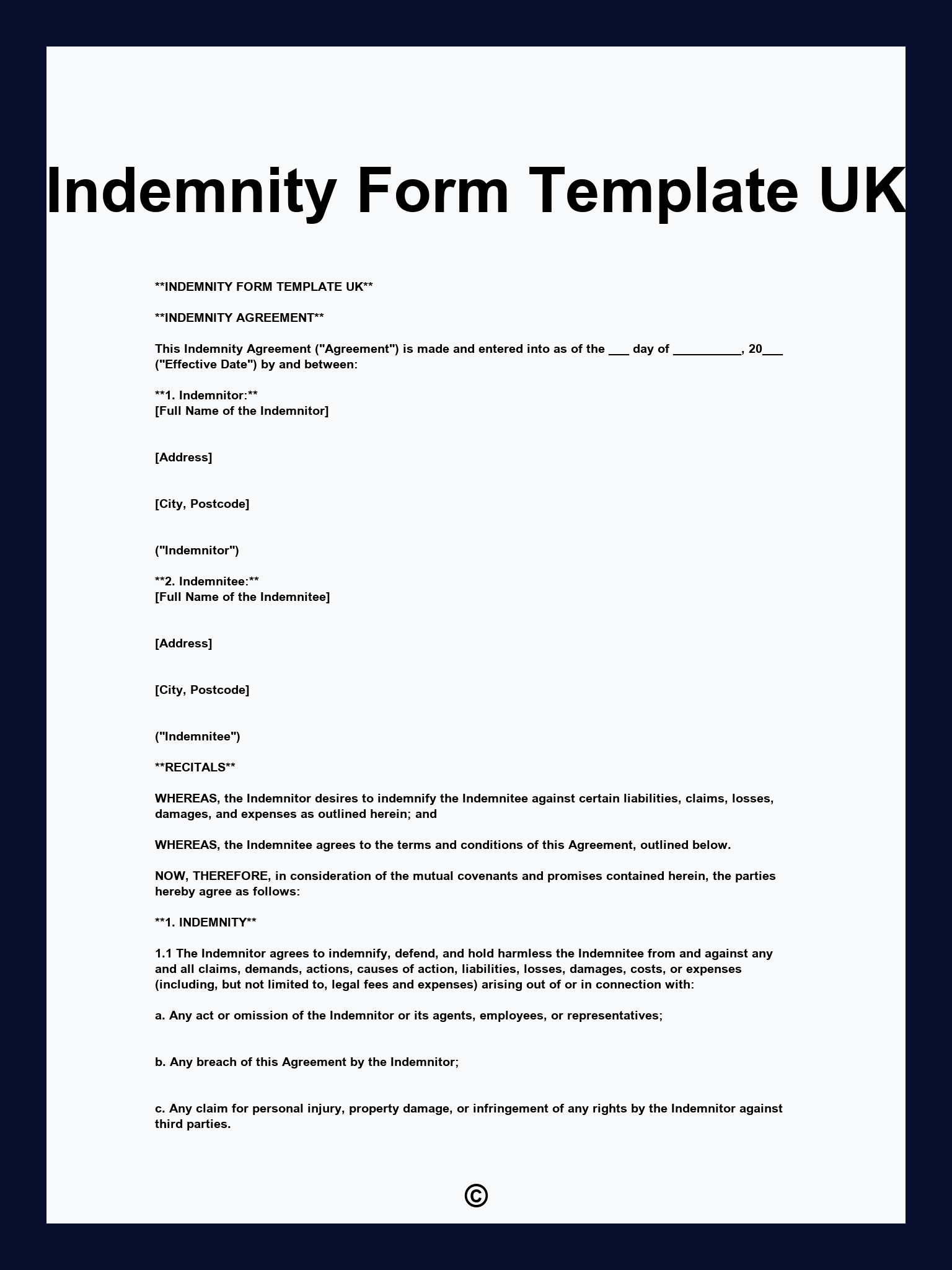 Indemnity Form Template UK