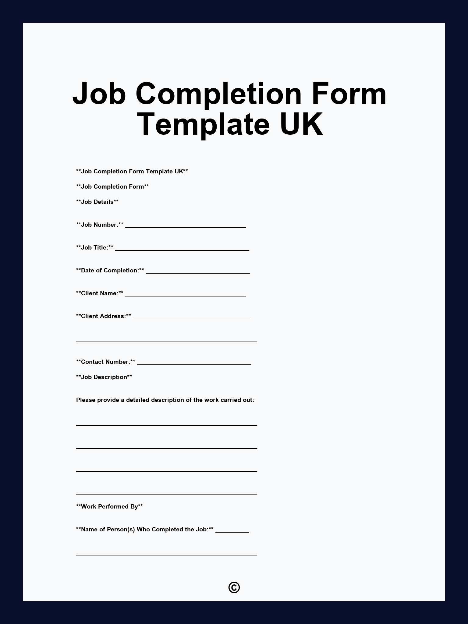 Job Completion Form Template UK