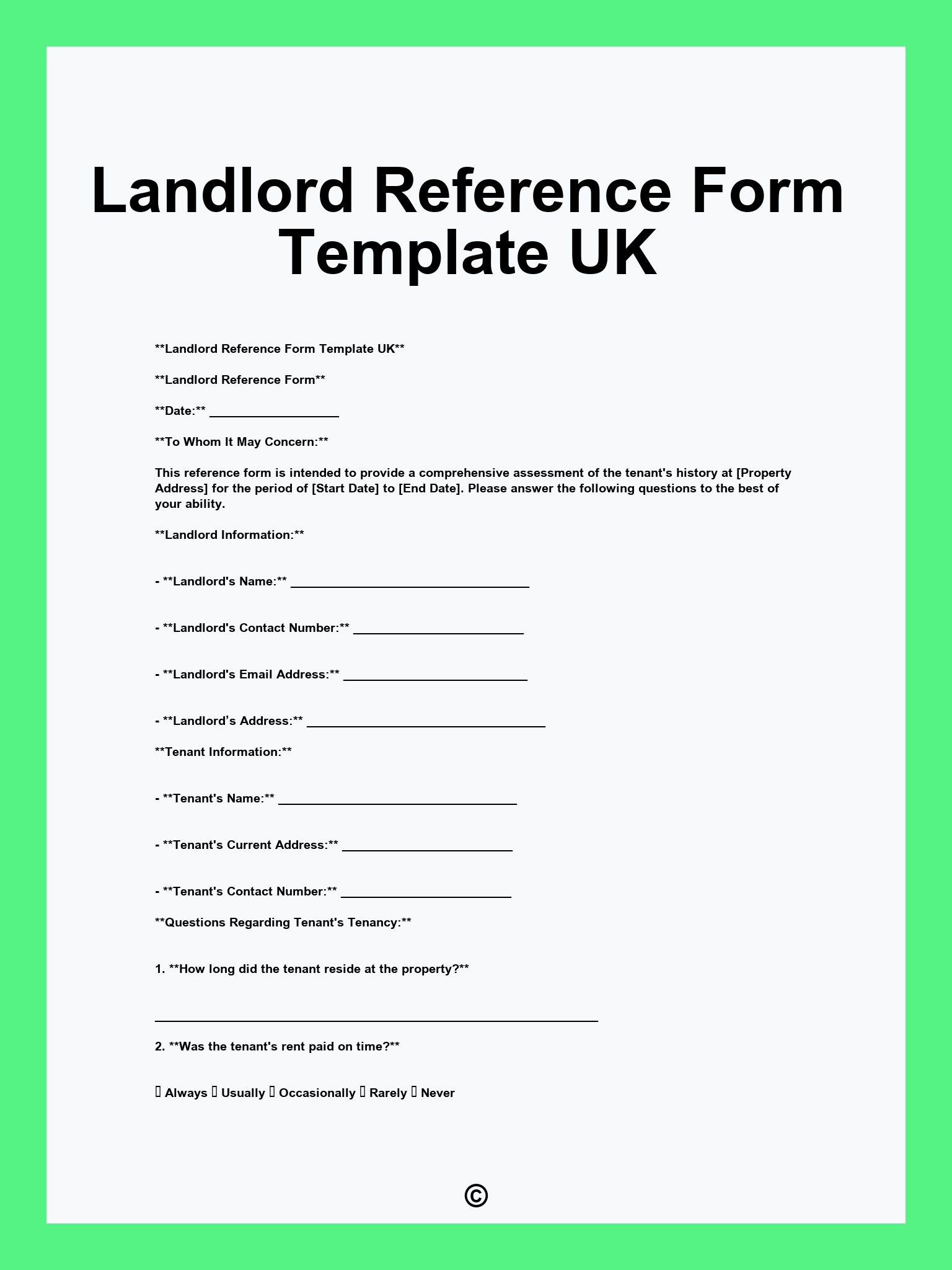 Landlord Reference Form Template UK