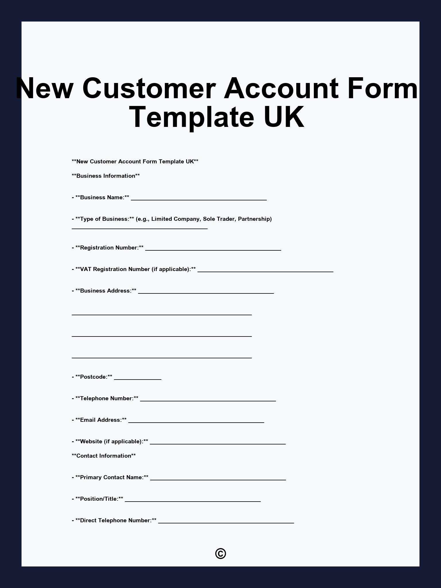 New Customer Account Form Template UK