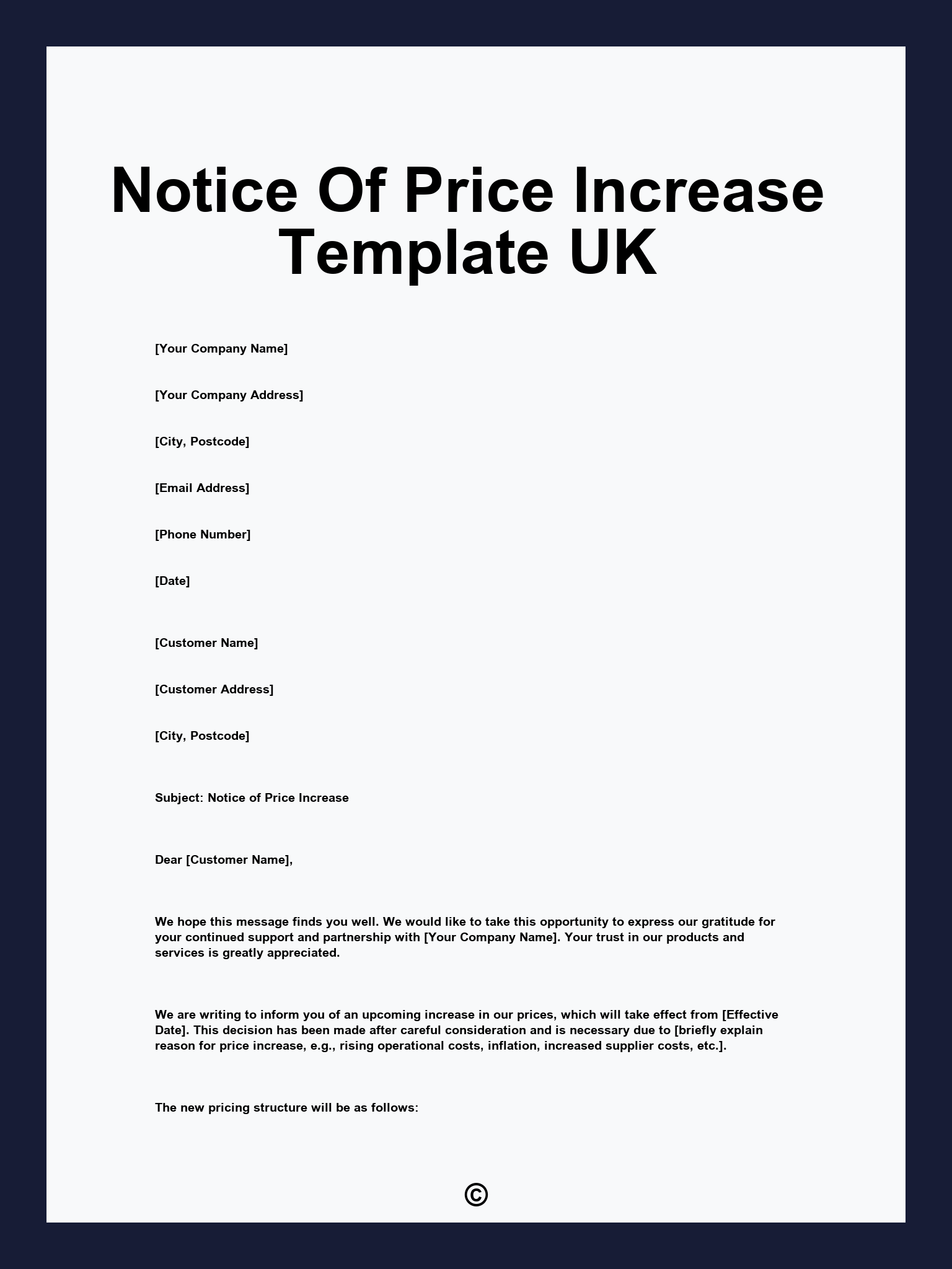 Notice Of Price Increase Template UK