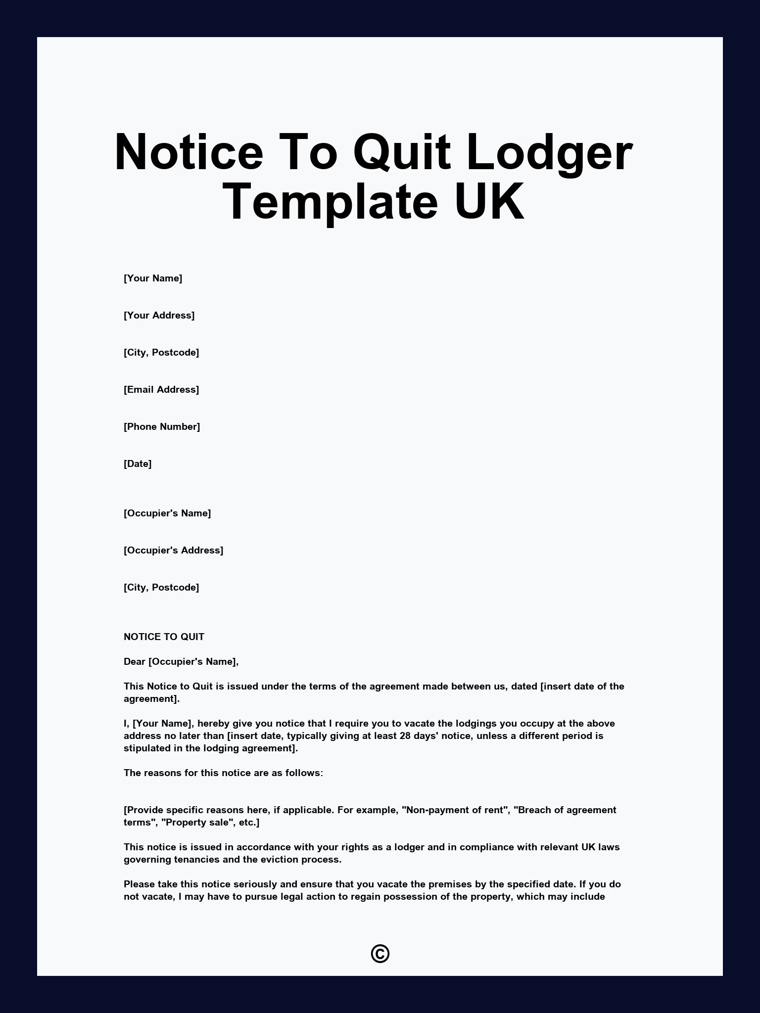 Notice To Quit Lodger Template UK