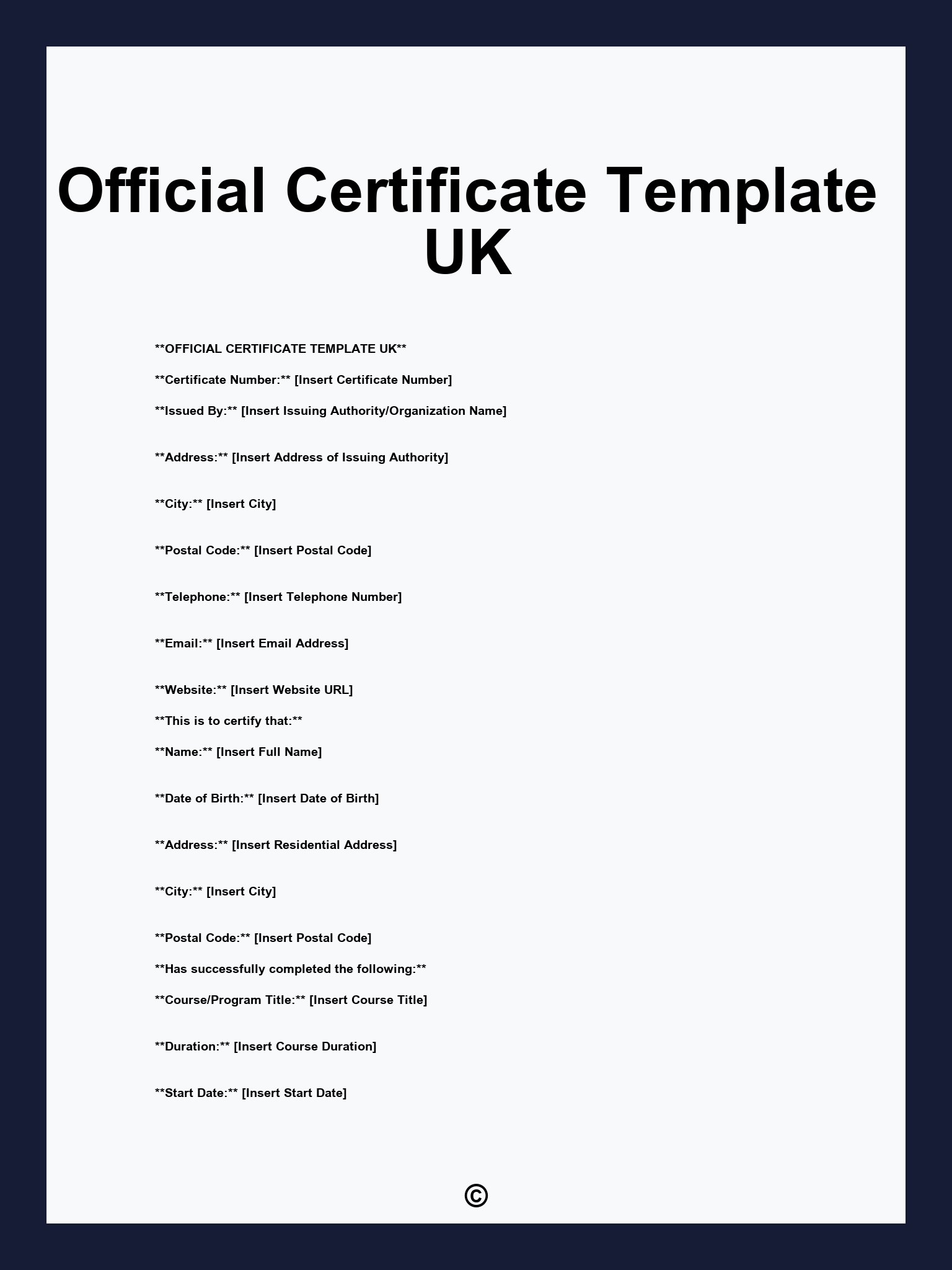 Official Certificate Template UK