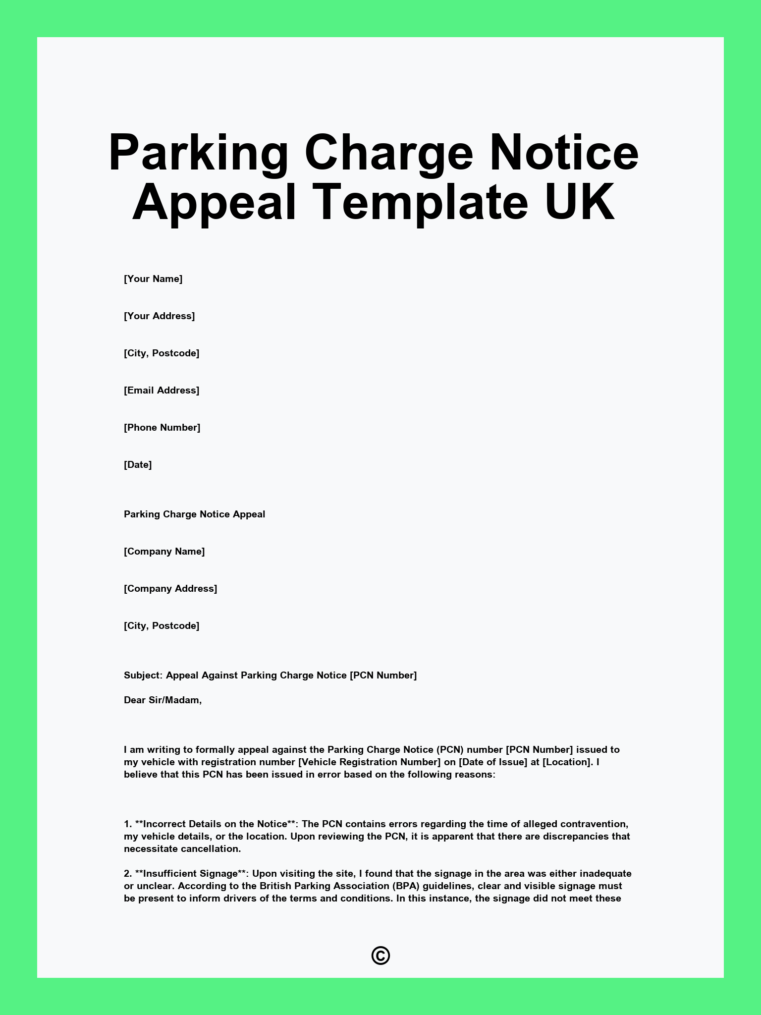 Parking Charge Notice Appeal Template UK