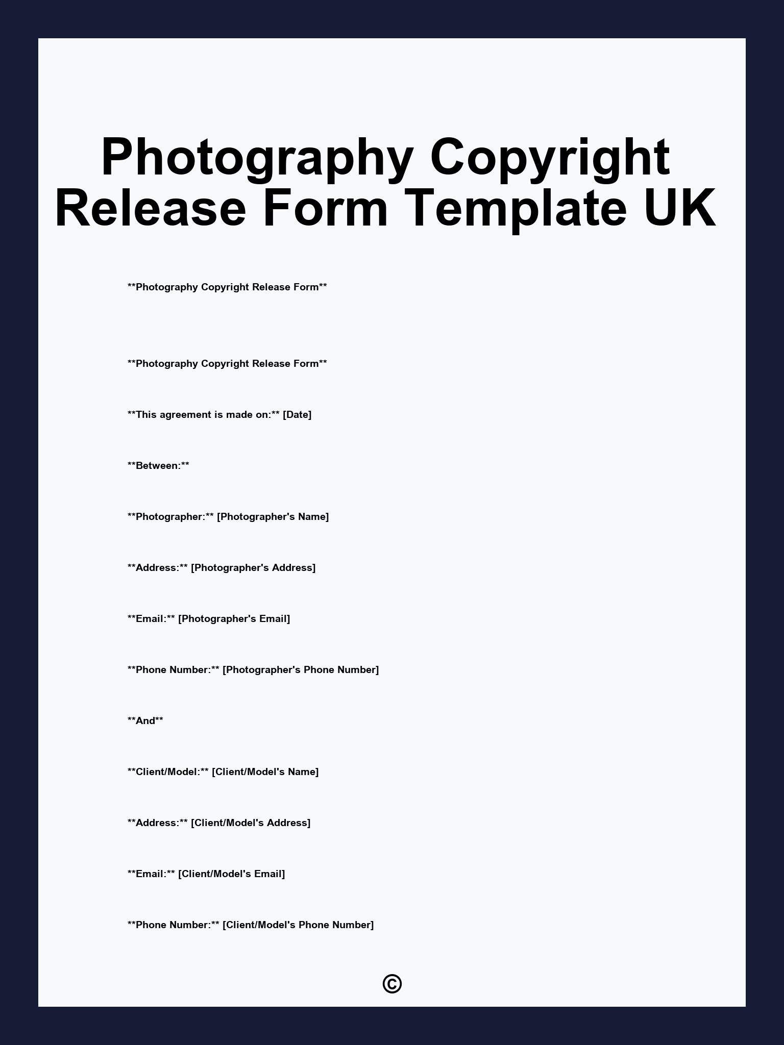 Photography Copyright Release Form Template UK