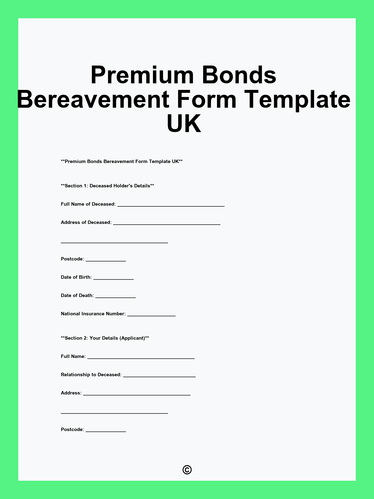 Premium Bonds Bereavement Form Template UK