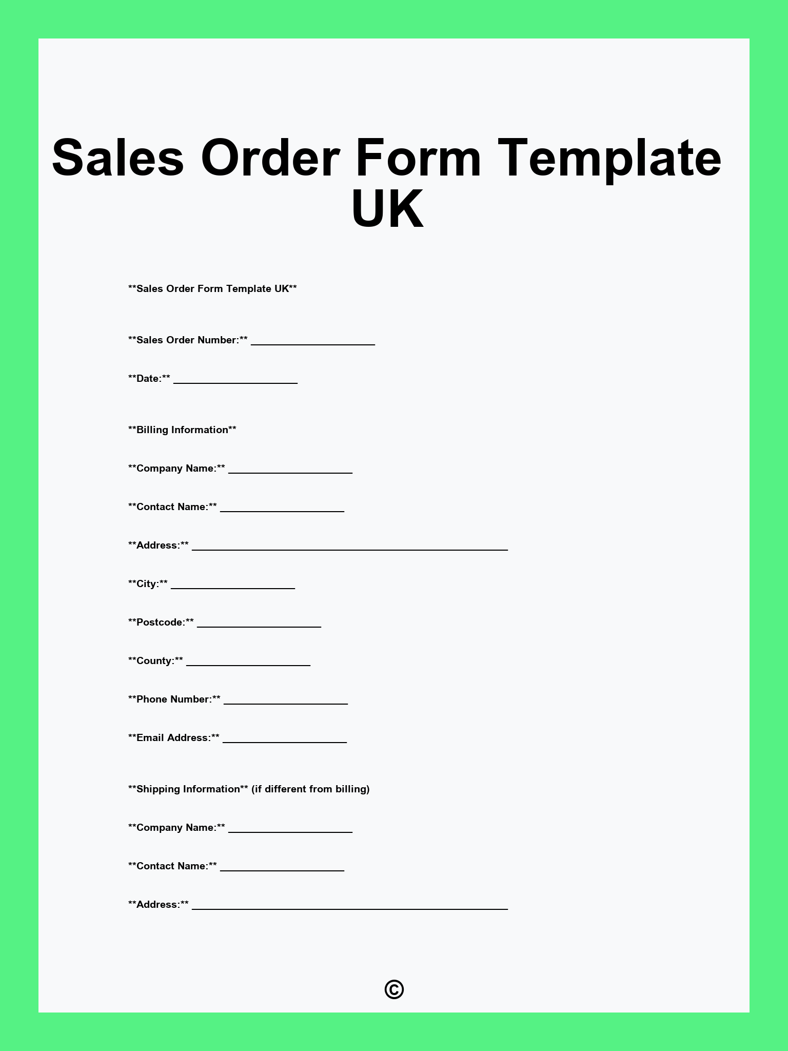 Sales Order Form Template UK