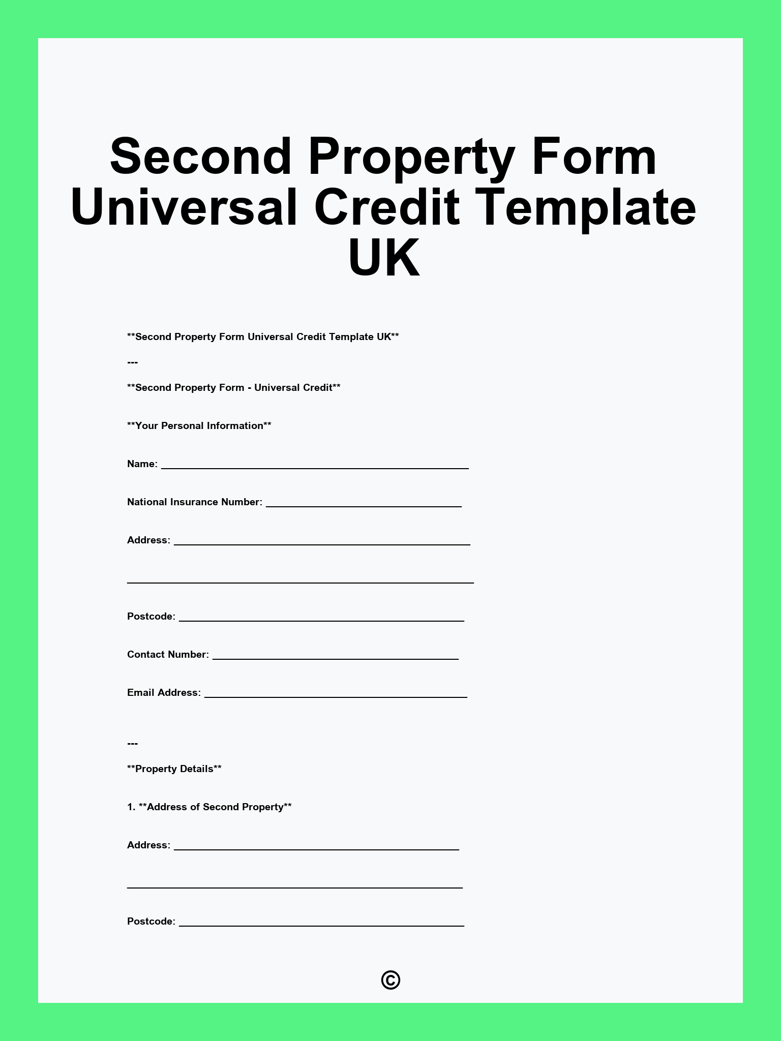 Second Property Form Universal Credit Template UK
