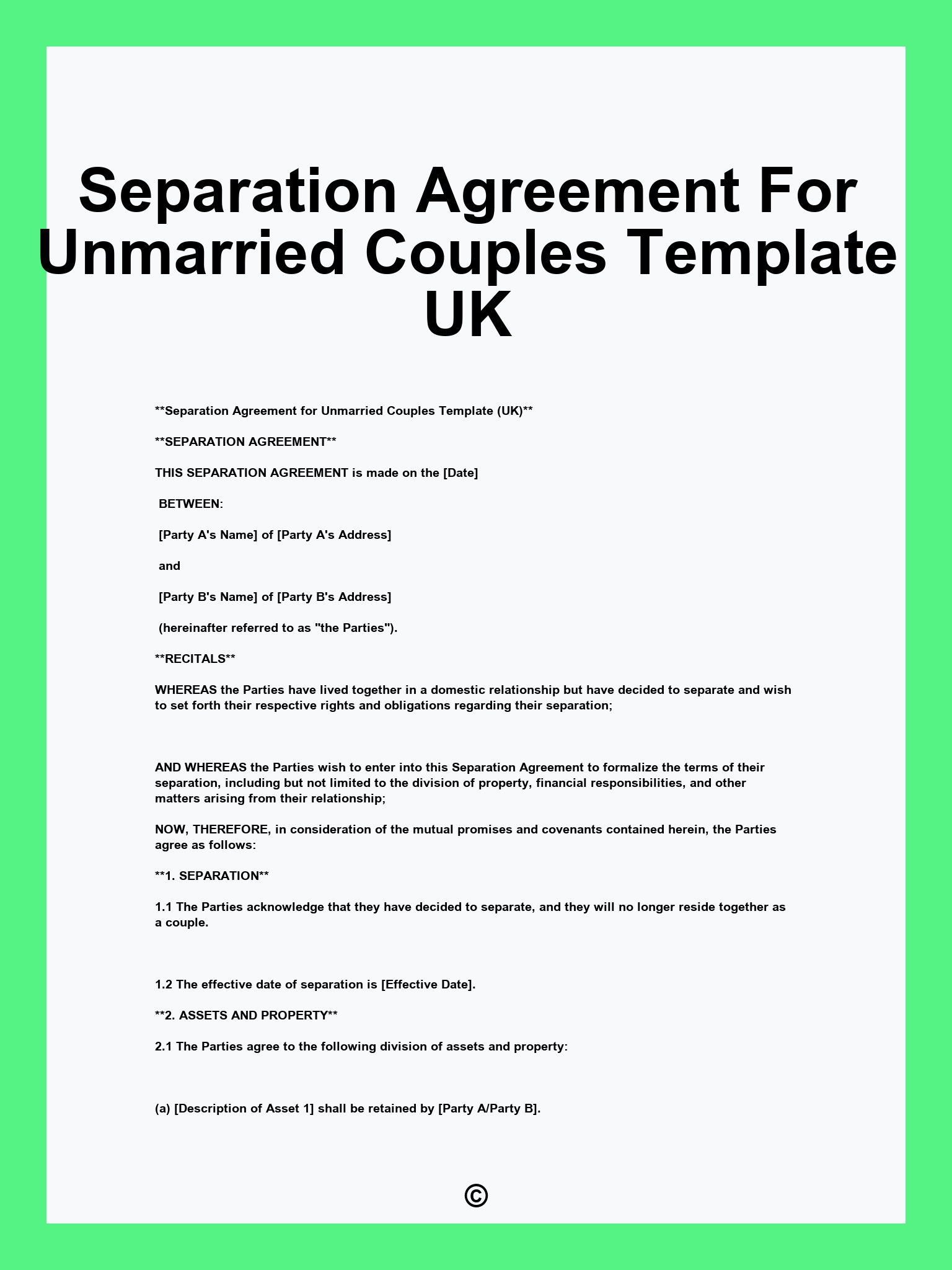 Separation Agreement For Unmarried Couples Template UK