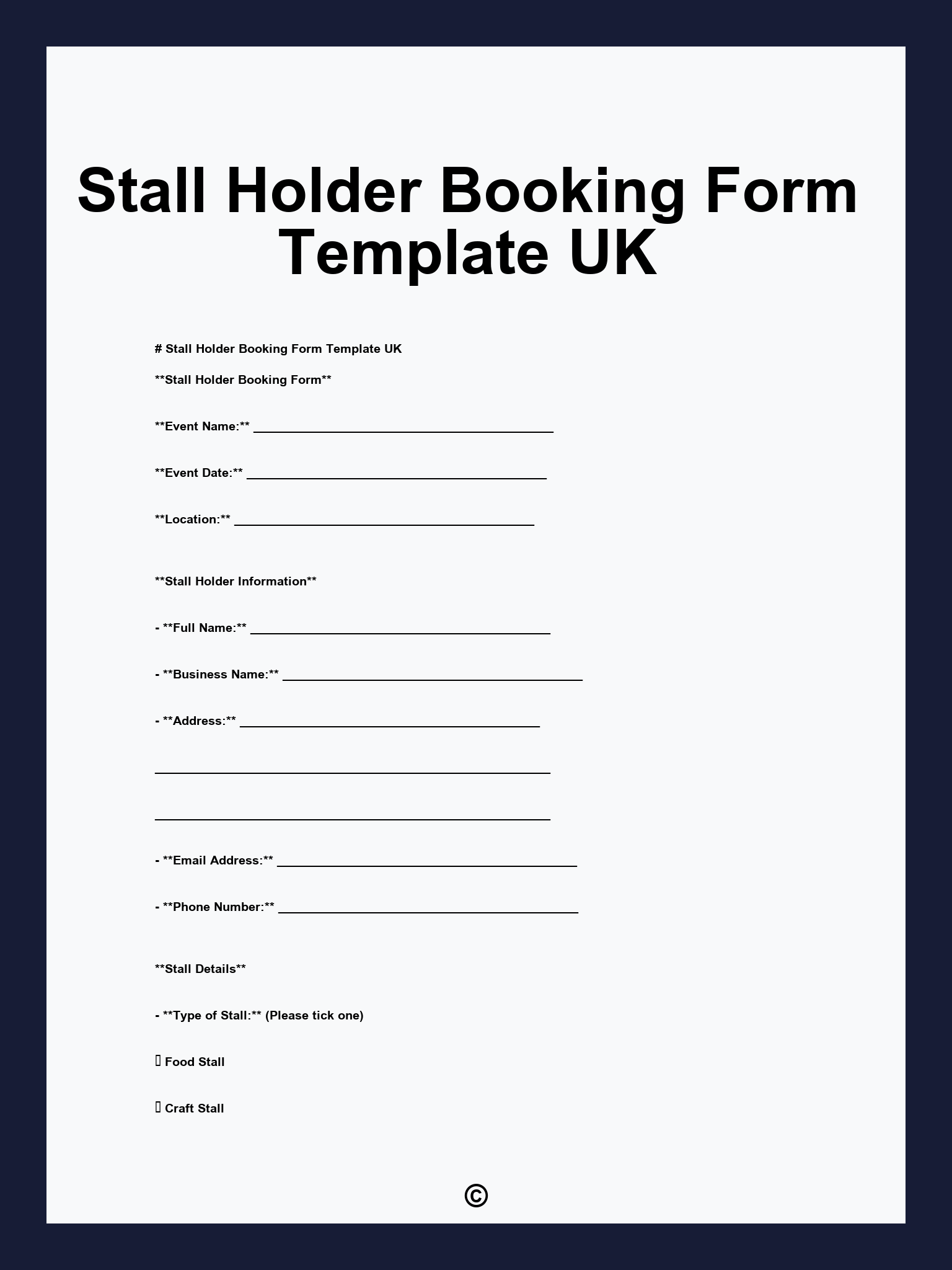 Stall Holder Booking Form Template UK