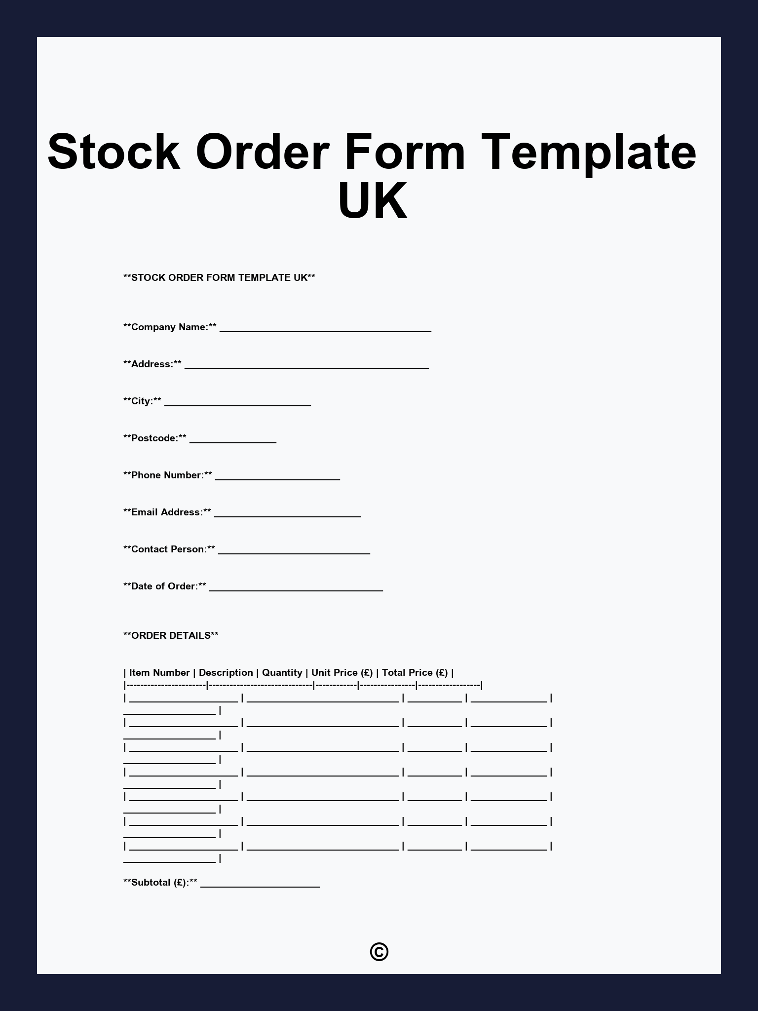 Stock Order Form Template UK