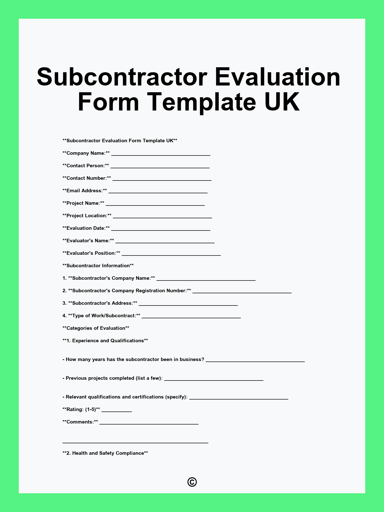 Subcontractor Evaluation Form Template UK