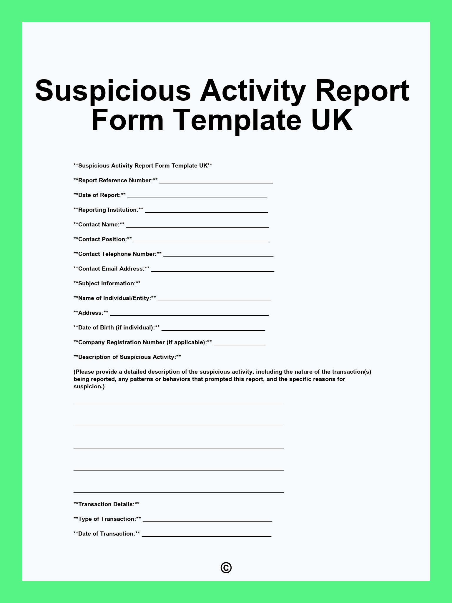 Suspicious Activity Report Form Template UK