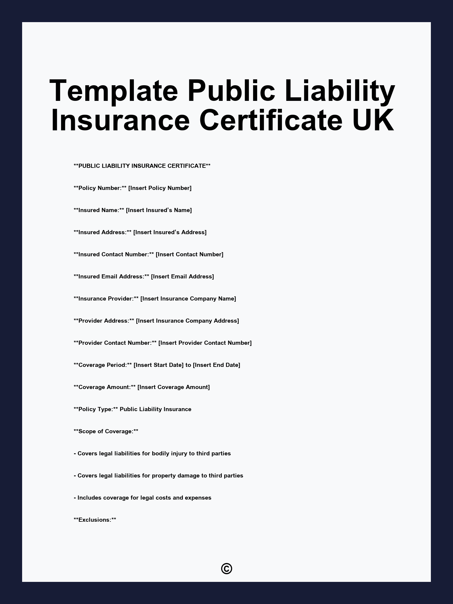 Template Public Liability Insurance Certificate UK