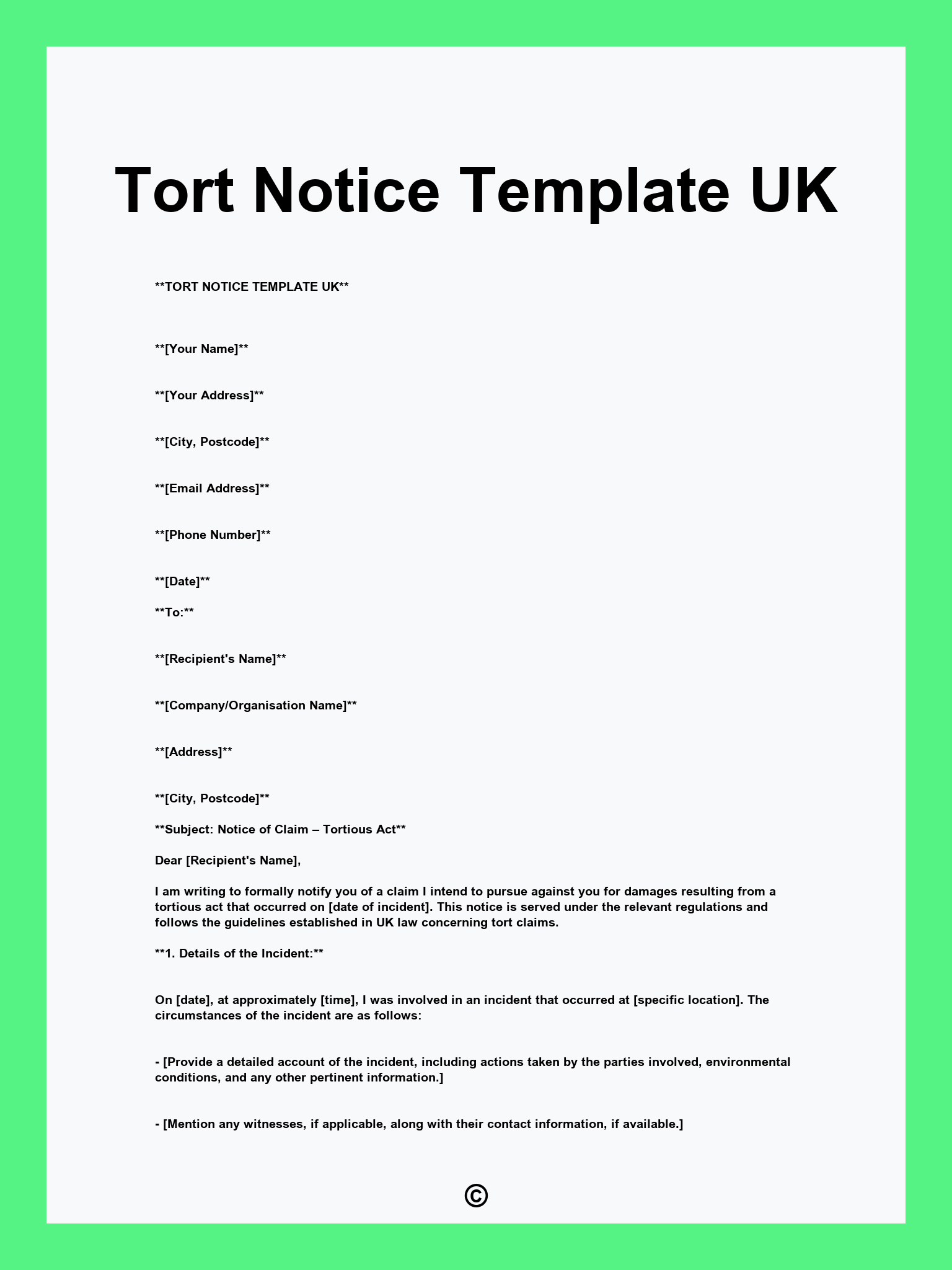 Tort Notice Template UK