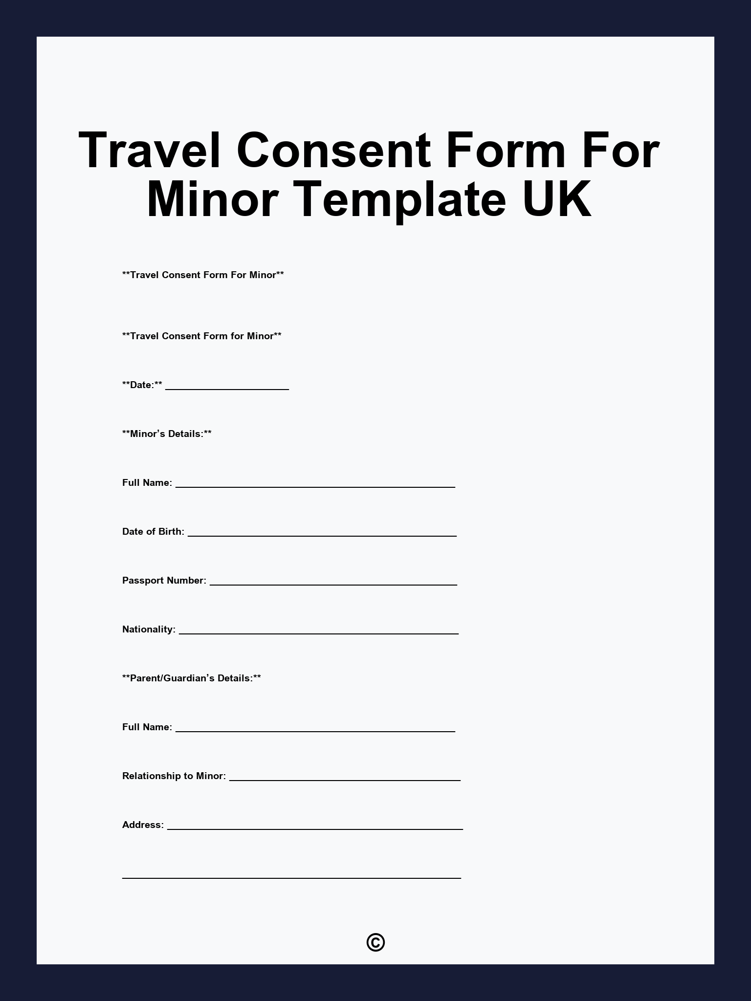 Travel Consent Form For Minor Template UK