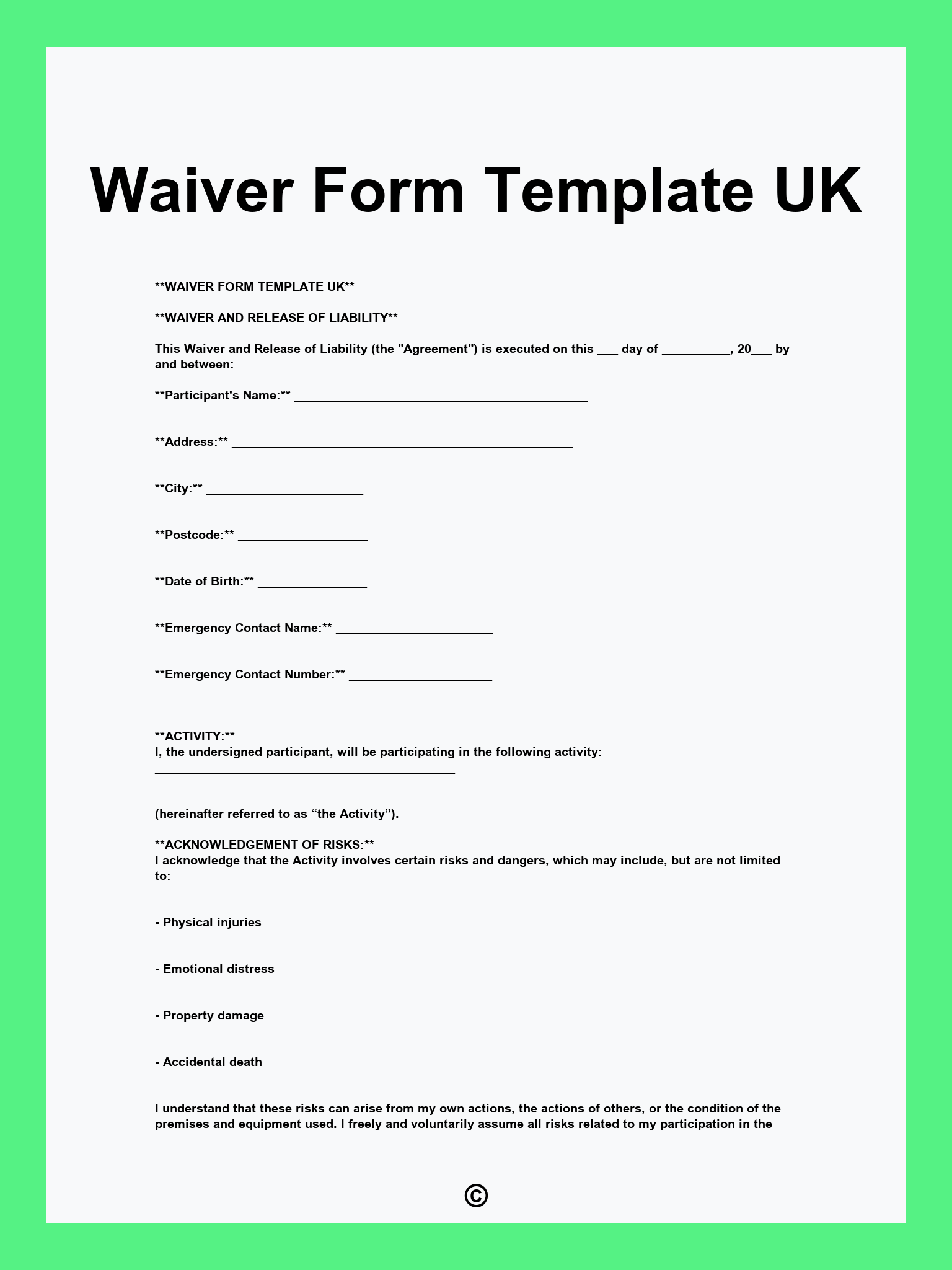Waiver Form Template UK